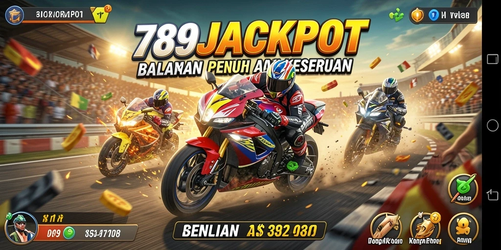 Screenshot gameplay <strong>789JACKPOT</strong> menampilkan balapan motor yang seru dan penuh aksi.