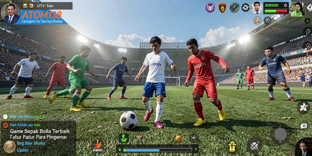 Tampilan gameplay seru dengan aksi pemain sepak bola yang menegangkan.