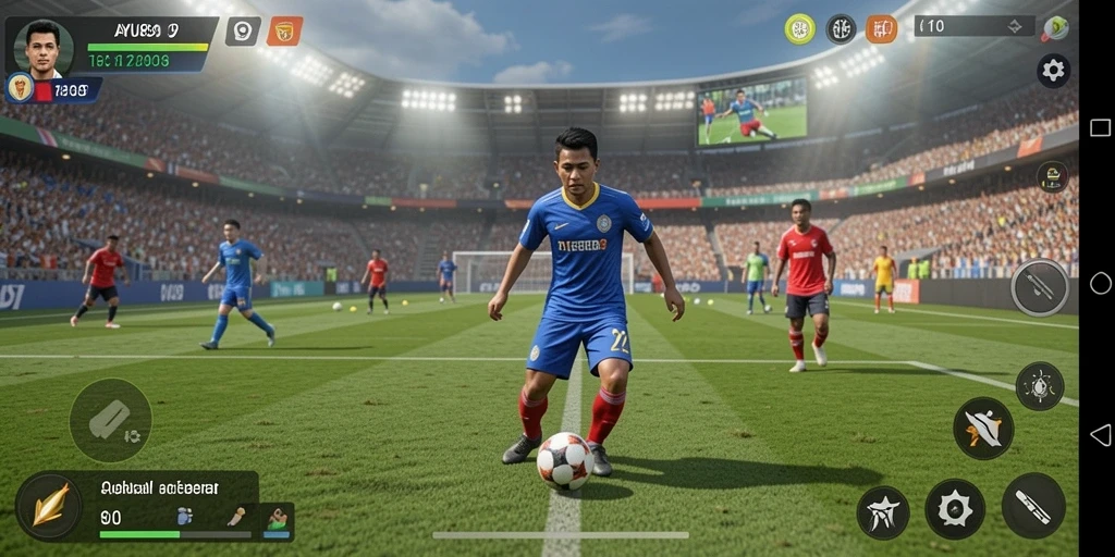 Gameplay AYU89 dengan aksi seru di lapangan sepak bola.