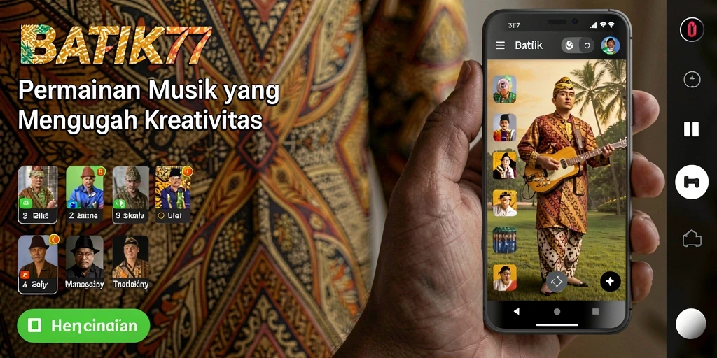 Screenshot utama <strong>BATIK77</strong> menampilkan pemain yang berinteraksi dengan alat musik.