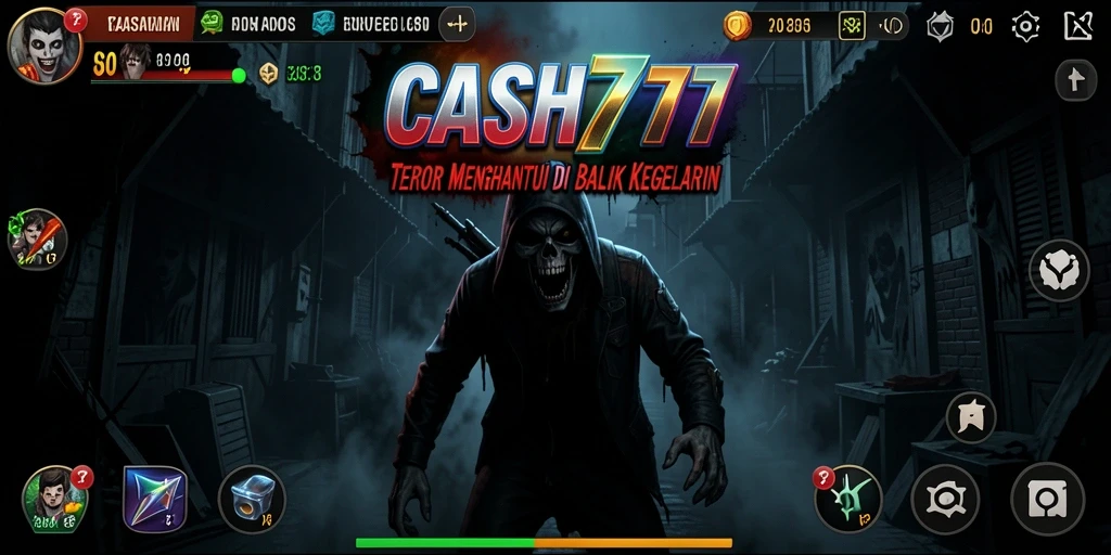 Tangkapan layar gameplay CASH777 menampilkan suasana horor yang mencekam.