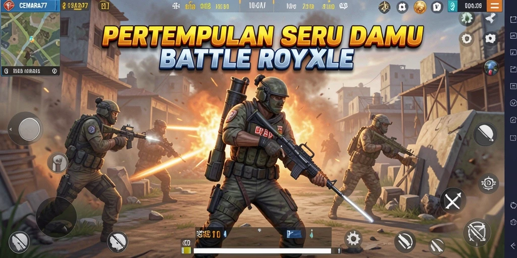 Screenshot utama CEMARA77 menampilkan aksi mendebarkan dalam pertempuran Battle Royale.