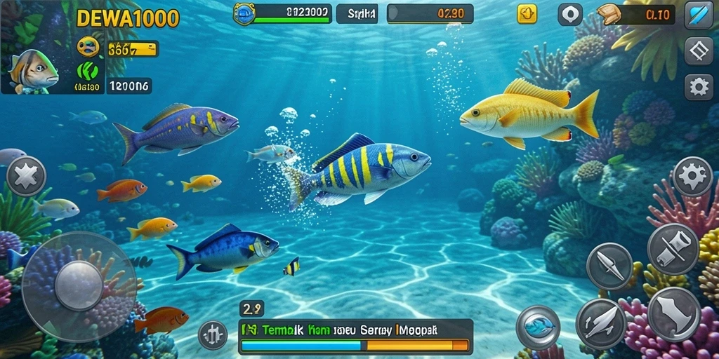 Tampilan gameplay DEWA1000 saat menangkap ikan di lautan.