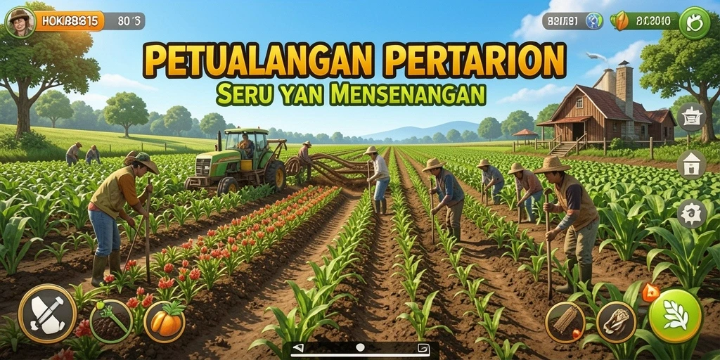 Screenshot menunjukkan petani sedang merawat kebun dengan berbagai tanaman.