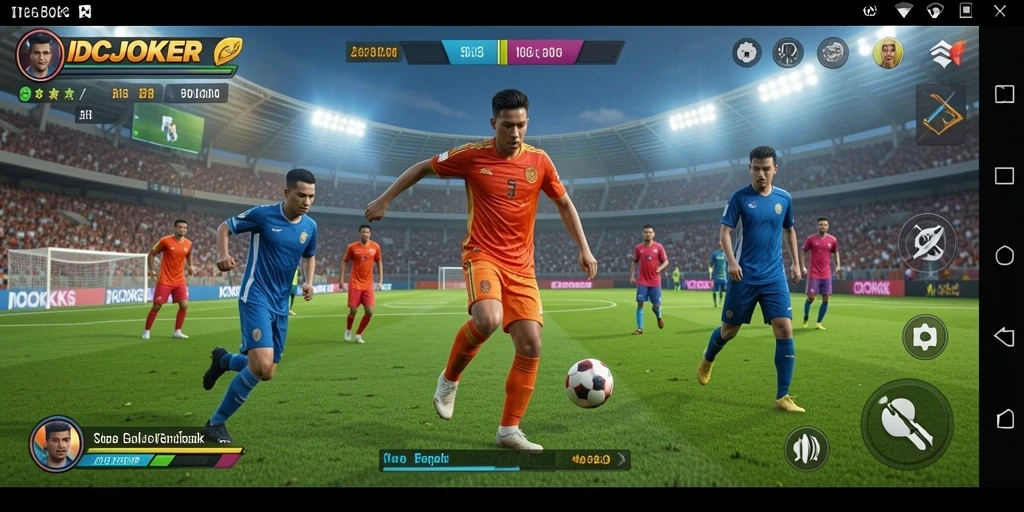 Screenshot permainan IDCJOKER menampilkan aksi seru di lapangan sepak bola.
