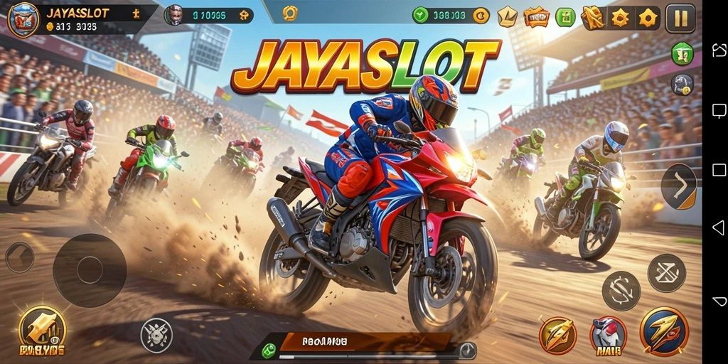 Screenshot gameplay JAYASLOT menampilkan aksi balapan motor yang mendebarkan.