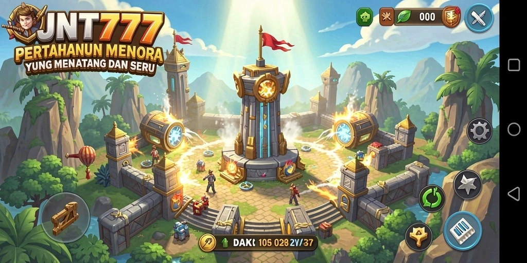 Screenshot utama JNT777 menunjukkan aksi menara dalam pertahanan melawan gelombang musuh.