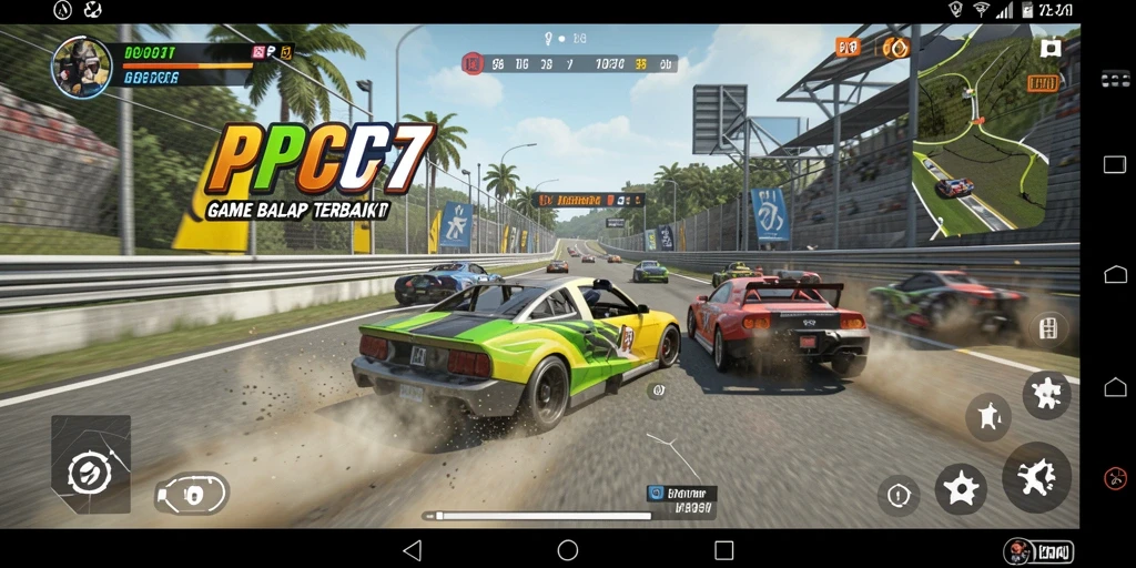 Tampilan gameplay PCPC7 yang menegangkan dengan mobil balap melaju cepat.