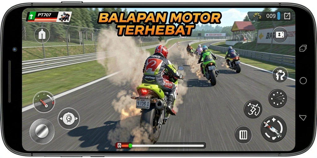 Screenshot gameplay PT707 yang menunjukkan balapan motor yang seru.