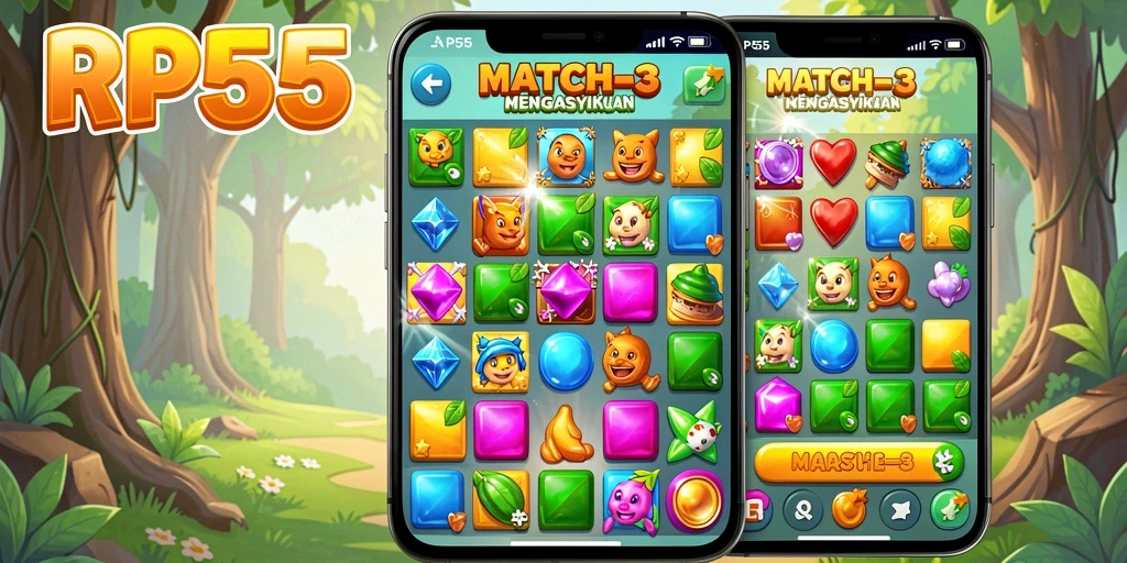 Gameplay seru permainan Match-3 RP55 yang penuh warna.