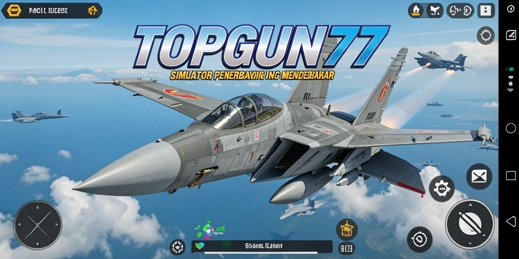 Screenshot gameplay TOPGUN77 menampilkan aksi penerbangan yang mendebarkan.